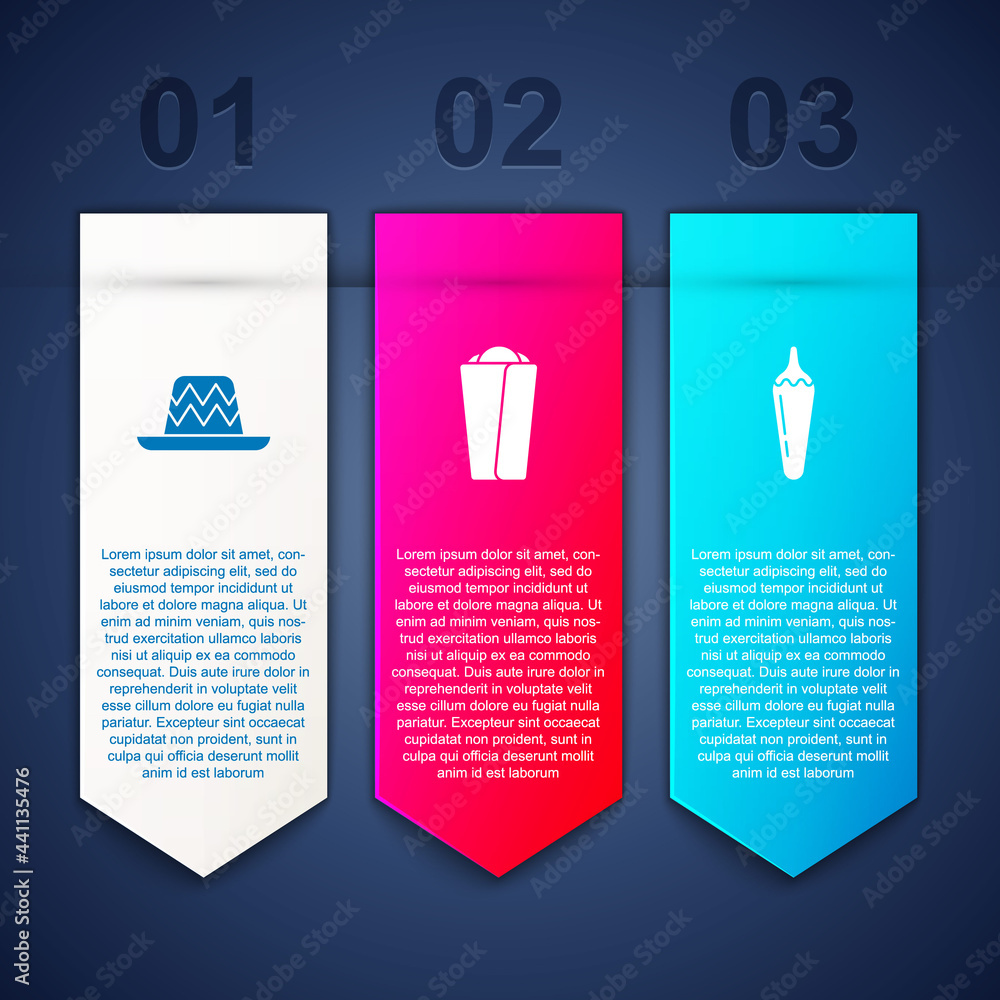 Set Mexican sombrero, Burrito and Hot chili pepper pod. Business infographic template. Vector Set Mexican sombrero, Burrito and Hot chili pepper pod. Business infographic template. Vector