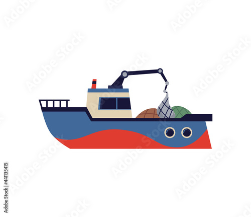 Fishing trawler boat or ship with winch flat vector illustration isolated