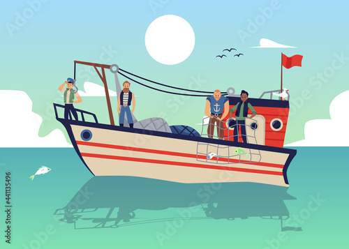Seascape with fishermen on fishing boat or launch flat vector illustration.