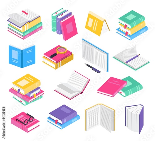 Isometric 3d books. Open and closed school textbooks with bookmarks, book stacks. Academic literature, education, reading elements vector set. Colorful covers with pen, magnifying glass