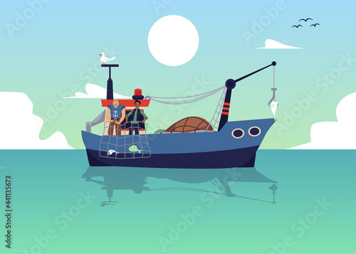 Seascape with fishermen trawling fish with net, flat vector illustration.