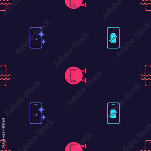 Set Smartphone battery charge, Glass screen protector, Phone repair service and Waterproof on seamless pattern. Vector