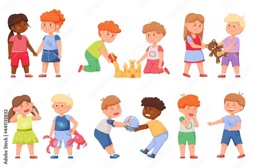 Kids good and bad behavior. Friends sharing toys, playing together, holding hands. Angry children fighting, bullying friend cartoon vector set. Smiling boys and girls, aggressive relationships Kids good and bad behavior. Friends sharing toys, playing together, holding hands. Angry children fighting, bullying friend cartoon vector set. Smiling boys and girls, aggressive relationships