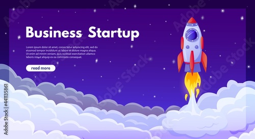Business startup launch. Starting new project concept with rocket launching in sky. Cartoon successful product release vector landing page. Futuristic spacecraft in cosmos website design