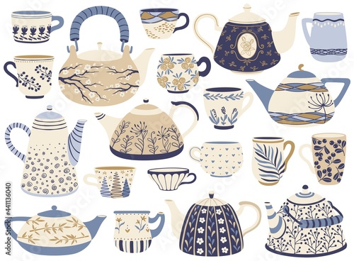 Ceramic teapot and cup. Porcelain tea kettles, coffee mugs with decorative elements. Hand drawn ornamented teapots and cups vector set. Floral kitchenware or dishware with decorative elements