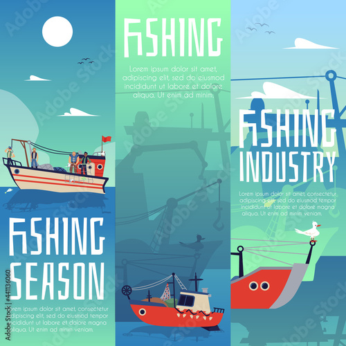 Set vertical banners or posters for fishing industry flat vector illustration.
