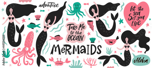 Set of cute mermaids, sea plants and animals
