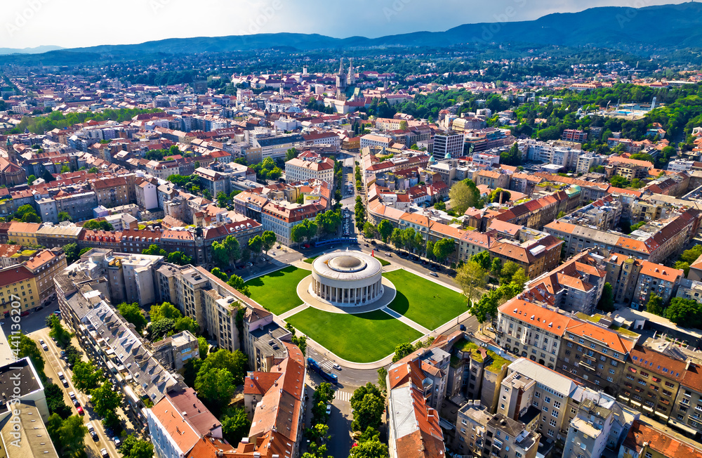 Zagreb aerial. The Mestrovic pavillion and town of Zagreb aerial view
