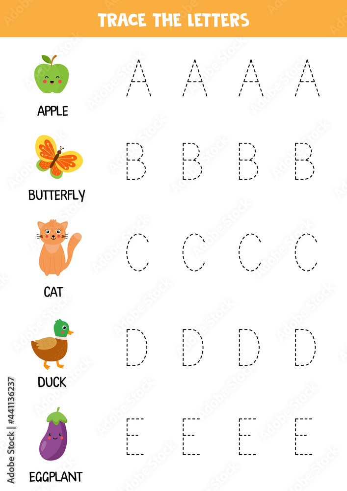 Tracing letters of English alphabet. Writing practice.