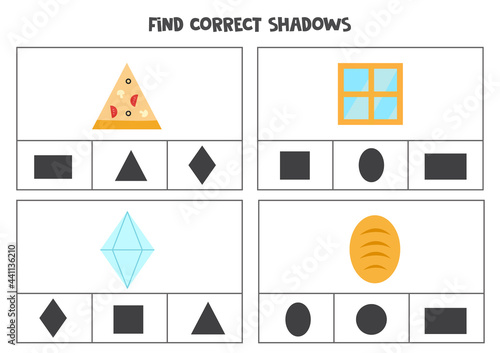 Find correct shadow of objects. Printable clip card games for children.