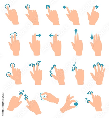 Touch screen gestures. Tablet or smartphone hand gesture swipe, touch, click, zoom. Cartoon touchscreen devices hand motion icon vector set. Device or technology usage with different moving