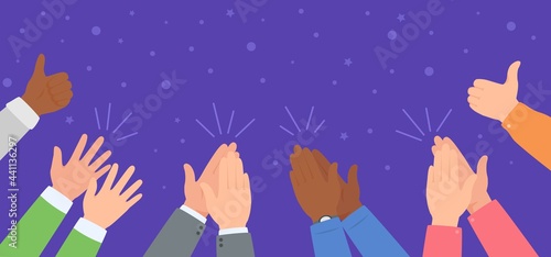 Hand clapping. Diverse team celebrating success. People applause and giving thumb up. Winning, celebration, ovation vector illustration. Characters cheering up winners or performers