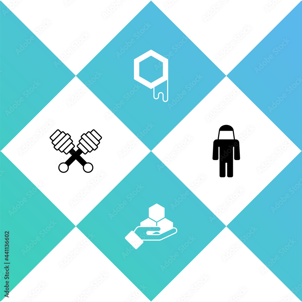 Set Honey dipper stick, Honeycomb and hand, and Beekeeper with protect hat icon. Vector Set Honey dipper stick, Honeycomb and hand, and Beekeeper with protect hat icon. Vector