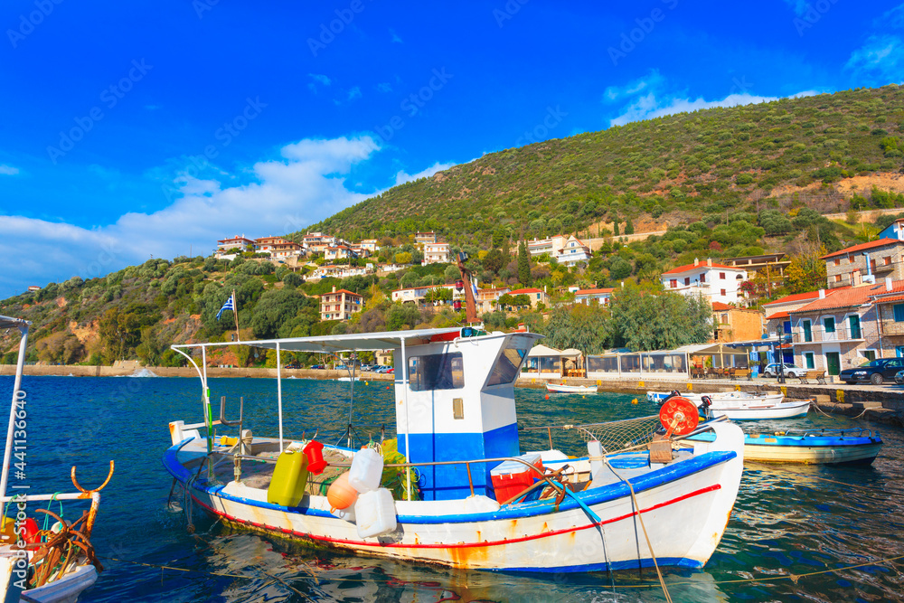 Greece Monastiraki in Nafpactos, Traditional fishing boats in Central Greece