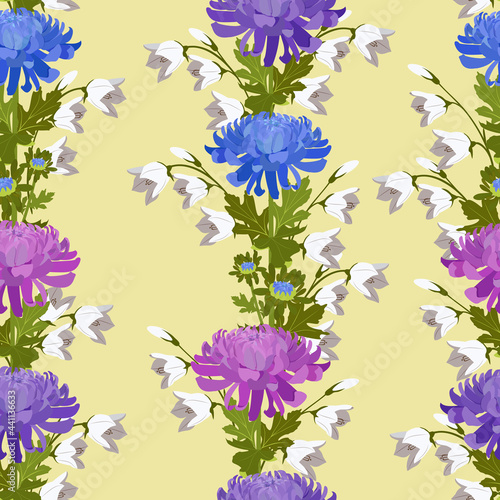 Seamless background with Japanese chrysanthemums and campanula on a beige background.