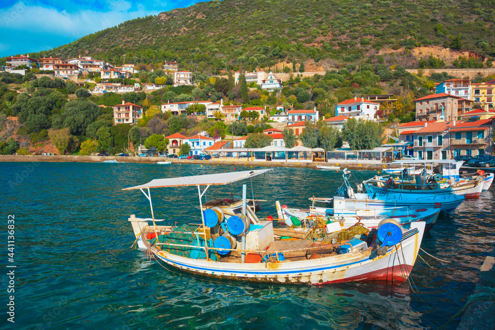 Greece Monastiraki, Traditional fishing boats in Central Greece at Nafpacto