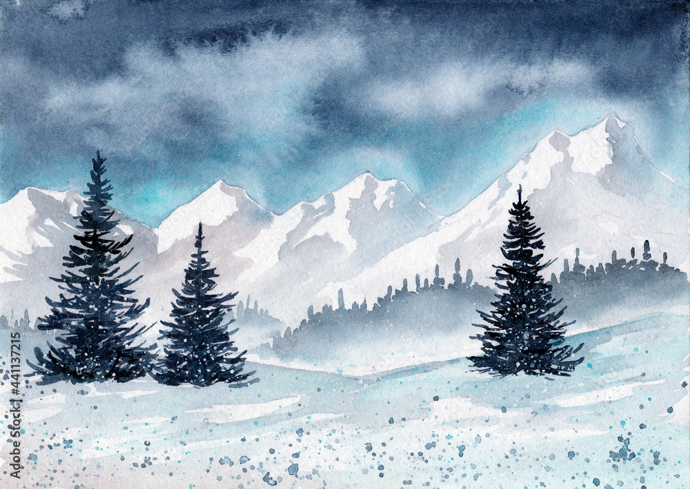 Watercolor illustration of a winter snowy landscape with dark fir trees, white snow and distant mountains in the background under a blue sky 