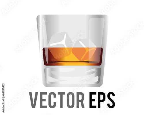 Vector short flat tumbler glass of brown liquor Scotch whisky icon with ice cube