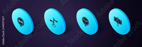 Set Isometric Fire exit, Fork in the road, Road traffic sign and No overtaking icon. Vector