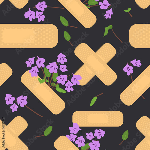Seamless pattern with sticking plasters and purple flowers. Medical patch repeat texture. On black background. Stock vector illustration.