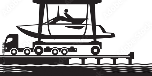Mobile boat hoist moving yacht from truck to the sea - vector illustration