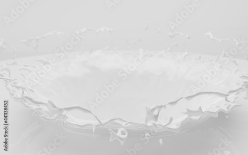 Milk splash with milky crown or swirl. Natural pouring dairy product, cream or yogurt with drops, texture white liquid background. Template for ad, package, label design. Realistic 3d illustration