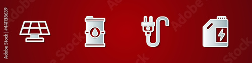 Set Solar energy panel, Bio fuel barrel, Electric plug and Eco canister icon. Vector