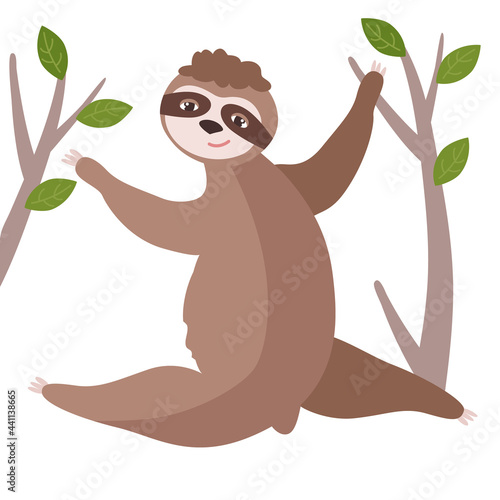 Cute sloth climbs trees. Isolated illustration on a white background. For the nursery  prints on fabric  on paper.