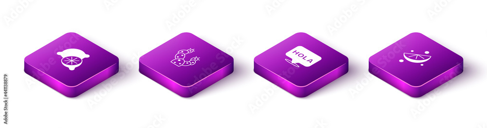 Set Isometric Lime, Cactus, Hola and Sliced lime icon. Vector Set Isometric Lime, Cactus, Hola and Sliced lime icon. Vector