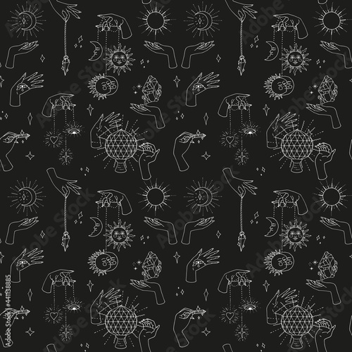 Seamless pattern with hand drawn doodle line art female witch hands holding sun and moon. Spiritual mystic repeat texture. On black background.