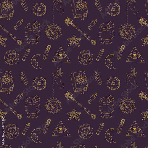 Seamless pattern with hand drawn doodle line art celestial bodies and magic items. Spiritual mystic repeat texture. On purple background.