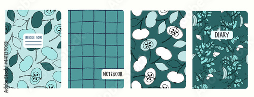 Set of cover page templates with apples, pea, hand drawn gridlines. Based on seamless patterns. Headers isolated and replaceable. Perfect for notebooks, notepads, diaries