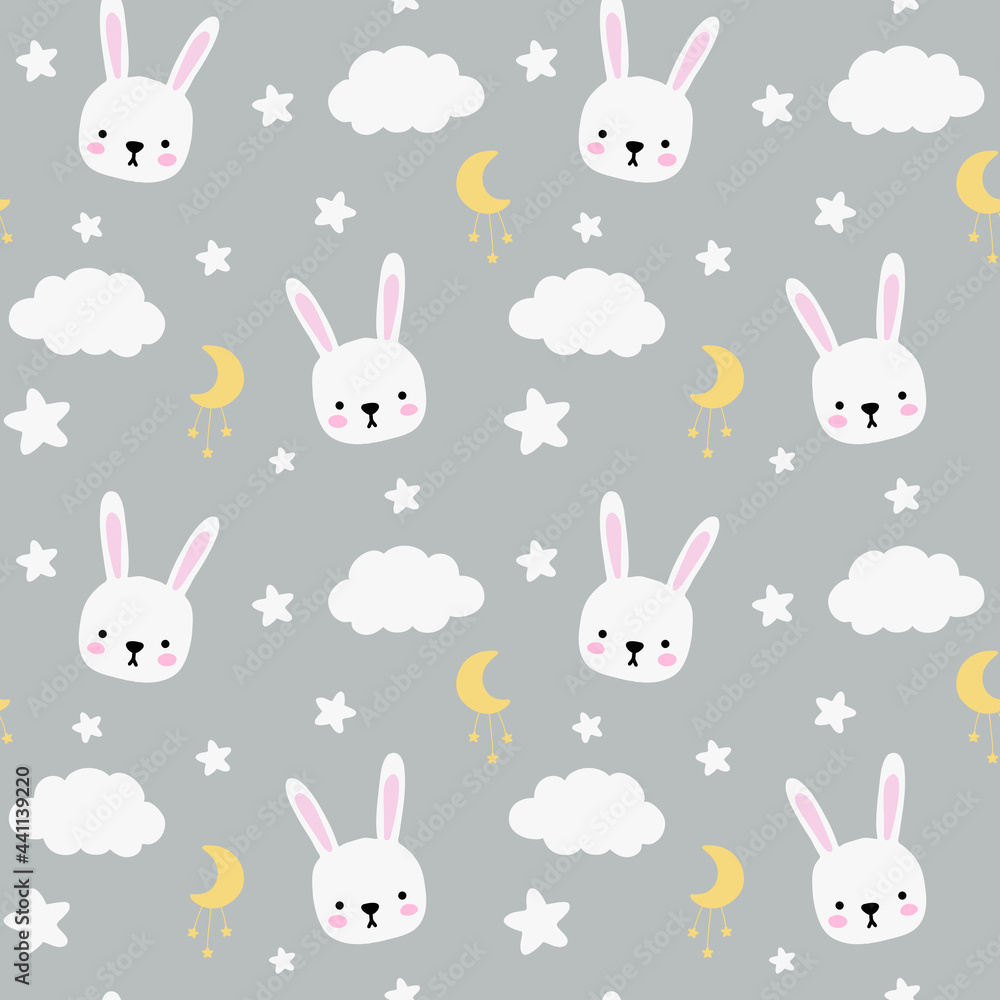 Seamless childish pattern with cute rabbits, clouds, moon, stars. Baby texture for fabric, wrapping, textile, wallpaper, clothing. Vector illustration Seamless childish pattern with cute rabbits, clouds, moon, stars. Baby texture for fabric, wrapping, textile, wallpaper, clothing. Vector illustration