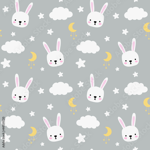 Seamless childish pattern with cute rabbits  clouds  moon  stars. Baby texture for fabric  wrapping  textile  wallpaper  clothing. Vector illustration