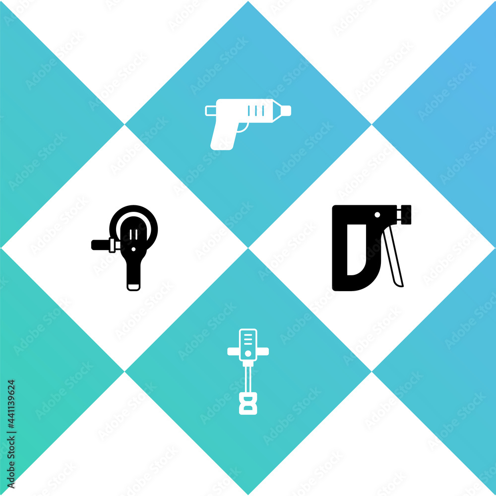Set Angle grinder, Electrical hand concrete mixer, cordless screwdriver and Construction stapler icon. Vector Set Angle grinder, Electrical hand concrete mixer, cordless screwdriver and Construction stapler icon. Vector