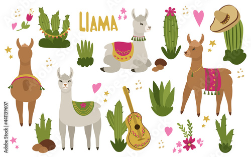 A set of cute llamas or alpacas with Mexican style cacti. isolated illustration on a white background. For the nursery, prints on fabric on paper.