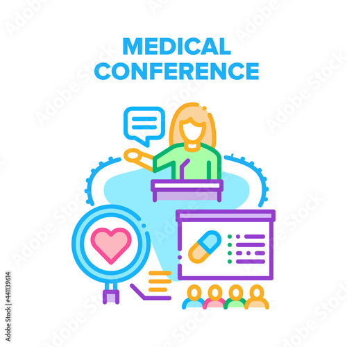 Medical Conference Meeting Vector Icon Concept. Medical Conference Meeting Presenting Medicine Research And Pharmaceutical Product Drug. Doctor Speech At Tribune Color Illustration © PikePicture