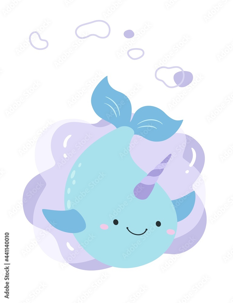 The narwhal's body moves down and its tail is swinging. The background is an irregular pattern.