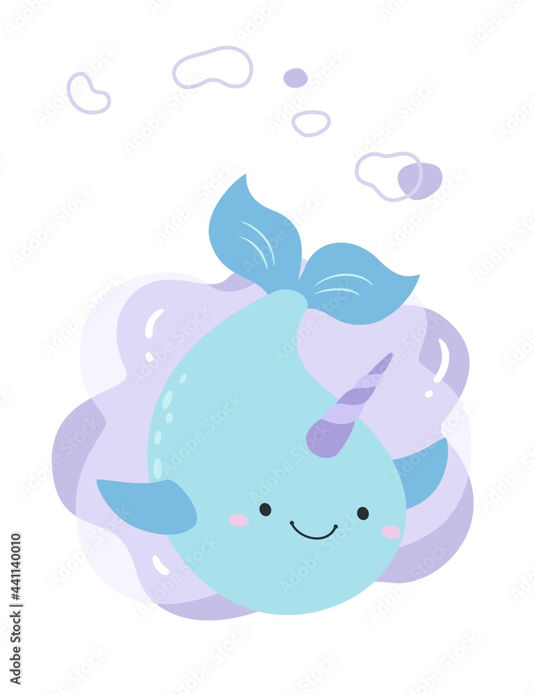 The narwhal's body moves down and its tail is swinging. The background is an irregular pattern. The narwhal's body moves down and its tail is swinging. The background is an irregular pattern.