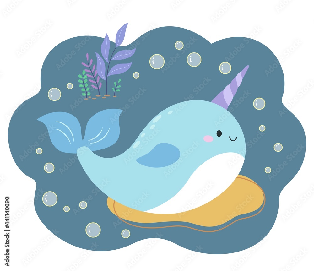 Side view of cute narwhal with many bubbles and grass in the background Side view of cute narwhal with many bubbles and grass in the background