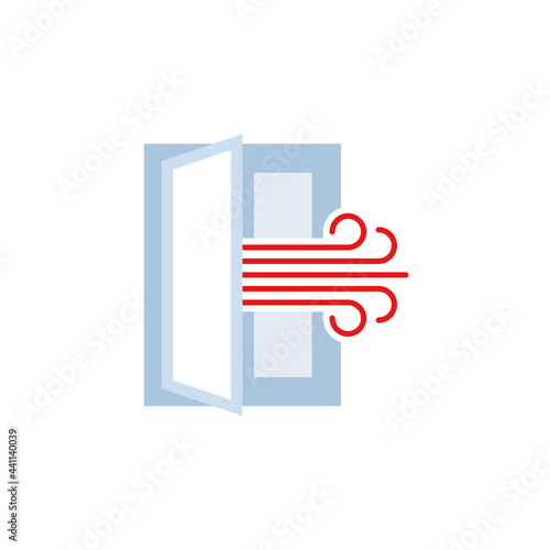 open window with a stream of fresh air, room ventilation single flat icon isolated on white. Perfect outline symbol Coronavirus Covid 19 prevention banner. Quality flat design element