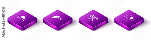 Set Isometric UFO flying spaceship, Ray gun, Telescope and Planet icon. Vector