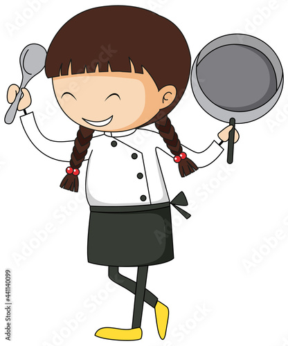 Little chef holding kitchen equipment cartoon character isolated
