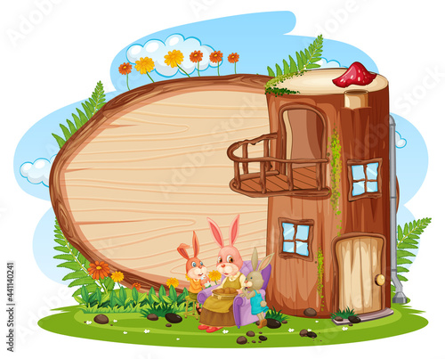 Blank wooden board in the garden with log house