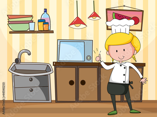 Little chef in the kitchen scene with equipments