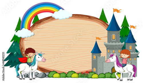 Empty wooden banner with fairy tale cartoon character and elements isolated