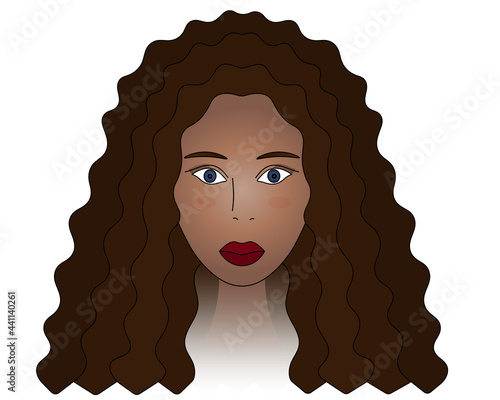 African American lady. Head of a woman with blue eyes. Colored vector illustration. Brunette girl face. Long curls, Afro hairstyle. Full lips, painted with scarlet lipstick. Isolated white background.