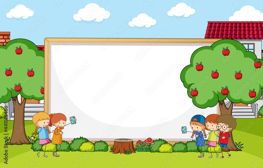 Obraz premium Empty banner with many kids doodle cartoon character in the park