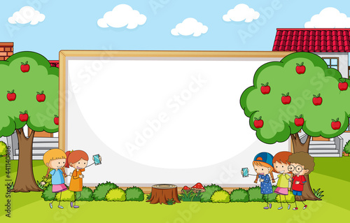 Empty banner with many kids doodle cartoon character in the park