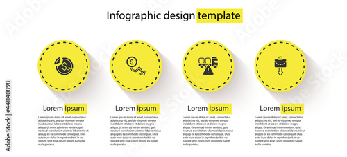 Set Dollar rate decrease, , Stop delivery cargo truck and Briefcase. Business infographic template. Vector